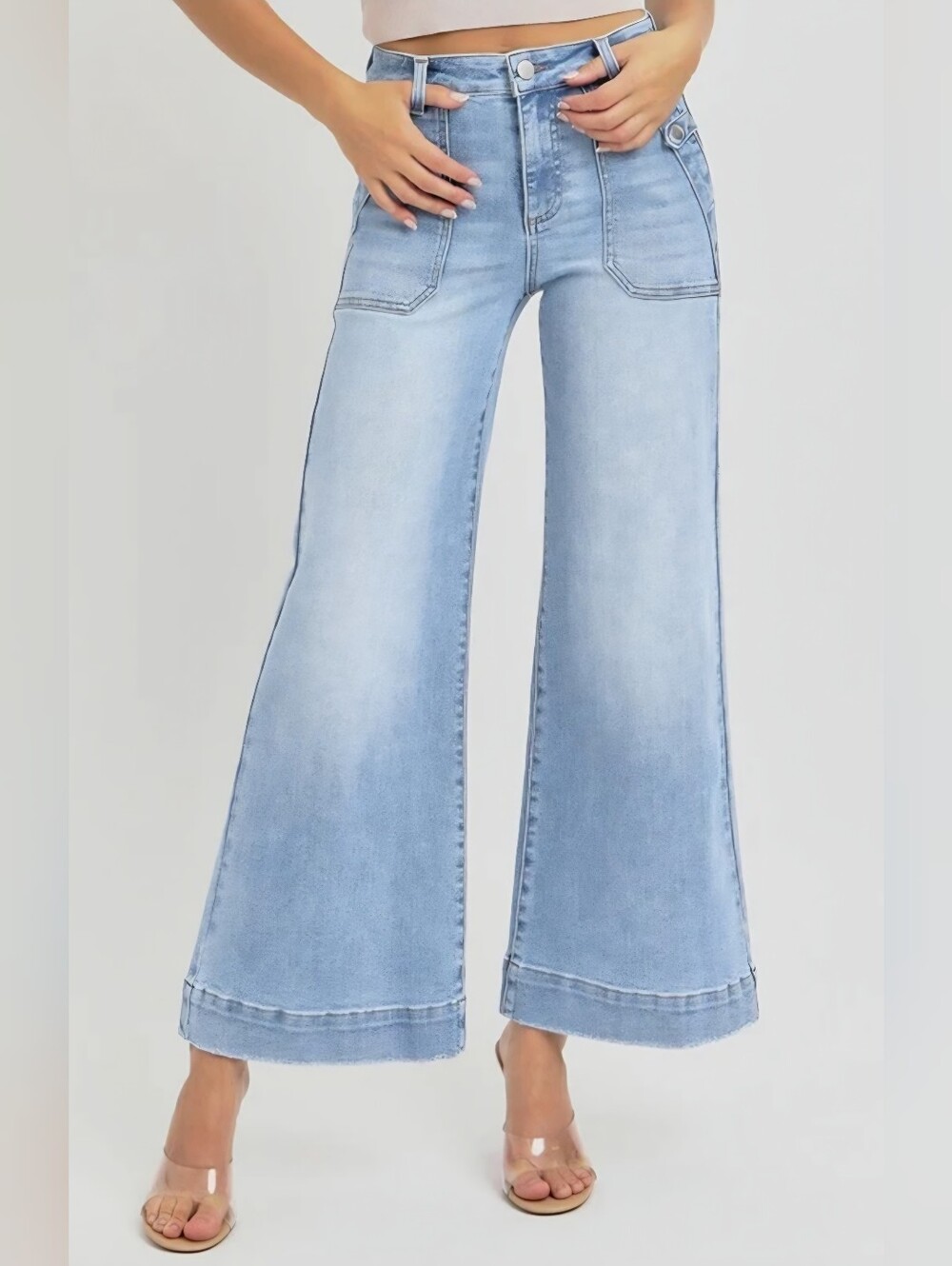 Risen High Rise Wide Leg Front Patch Pocket Jeans Patch Pocket Jeans Light Blue